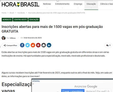 Inscrições para pós-graduação gratuita para profissionais da