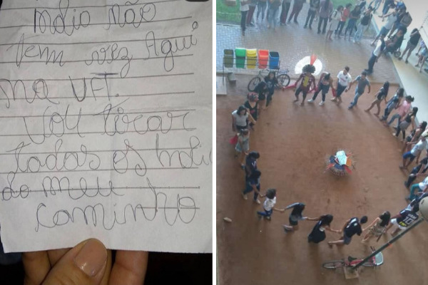 Foto 1: bilhete ameaça indígenas no Câmpus de Araguaína | Foto 2: Ato de repúdio às ameaças sofridas por indígenas (Imagens: divulgação | arquivo pessoal Adão Karajá)
