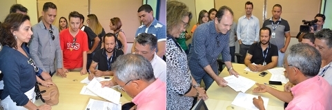 Momento da inscrição das chapas UFT Forte - diálogo e ação (à esq) e da chapa Viver a UFT na sala da Comissão Eleitoral Central (Fotos: Samuel Lima/Dicom)