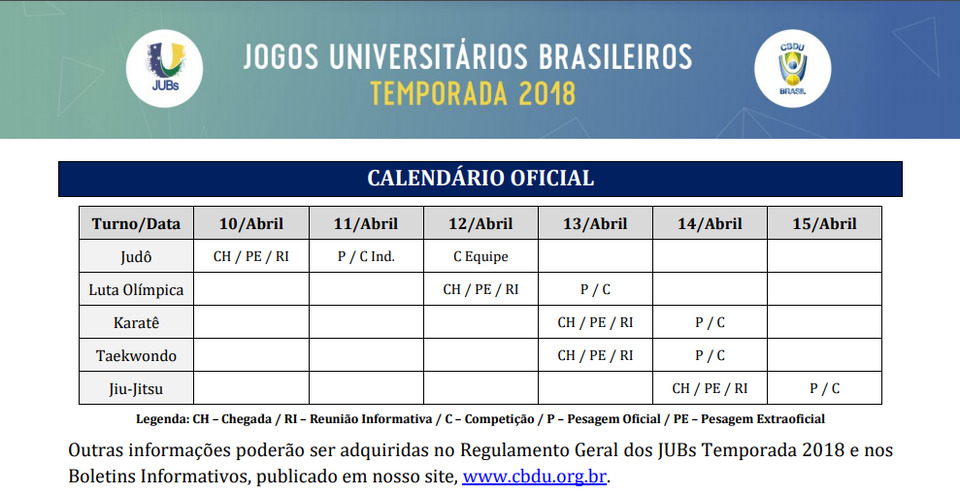 Calendário de Lutas - Jubs 2018