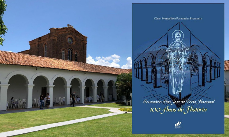Seminário São José fica em Porto Nacional; no detalhe, capa do livro sobre a instituição (Foto: Divulgação Prefeitura de Porto Nacional)