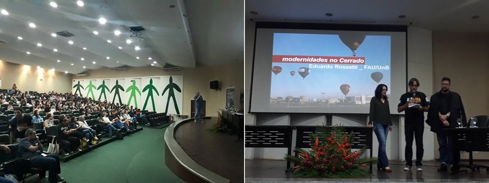 Palestra sobre Tecnologia Indígena na Arquitetura (esq) e mesa-redonda sobre Modernidades no Cerrado durante o II Sama (Foto: Patrícia Orfila/Divulgação)