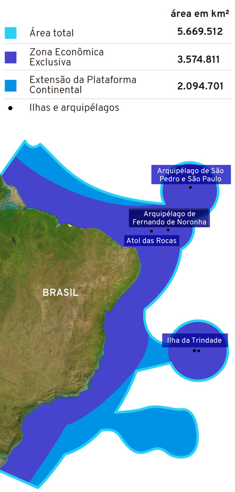 Amazônia Azul (Infográfico: Jornal Gazeta do Povo, com informações da Marinha do Brasil e Comissão Internacional para os Recursos do Mar)
