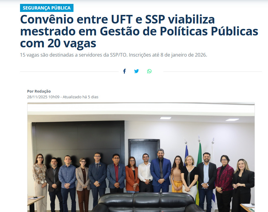 Convênio entre UFT e SSP viabiliza mestrado em Gestão de Políticas Públicas com 20 vagas