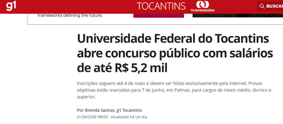 Universidade Federal do Tocantins abre concurso público com salários de até R$ 5,2 mil