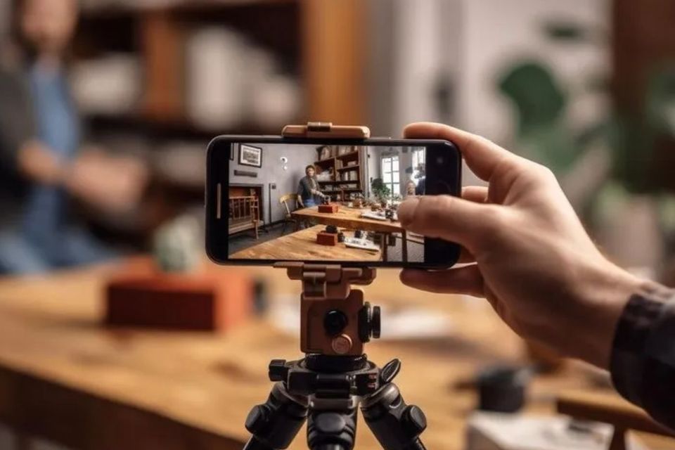 Foto com um celular em pedestal gravando uma cena ao fundo