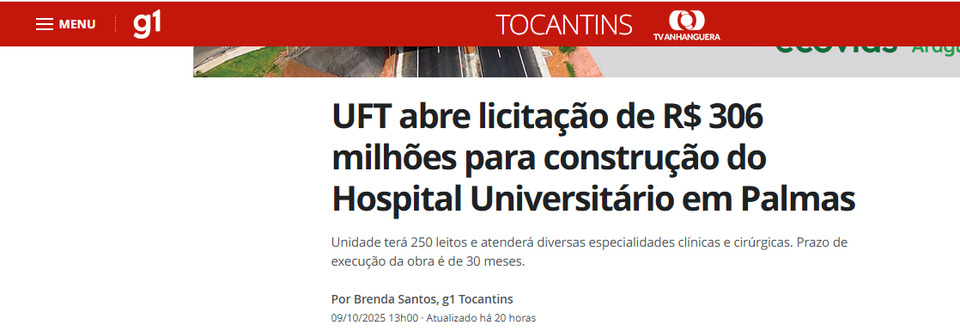 UFT abre licitação de R$ 306 milhões para construção do Hospital Universitário em Palmas