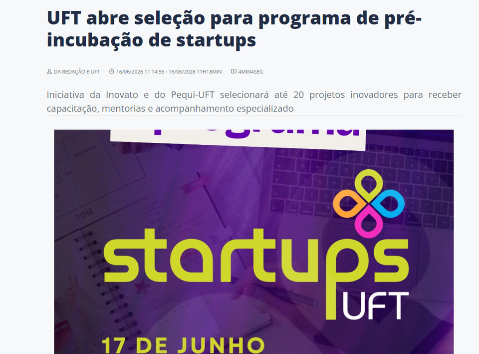 UFT abre seleção para programa de pré-incubação de startups