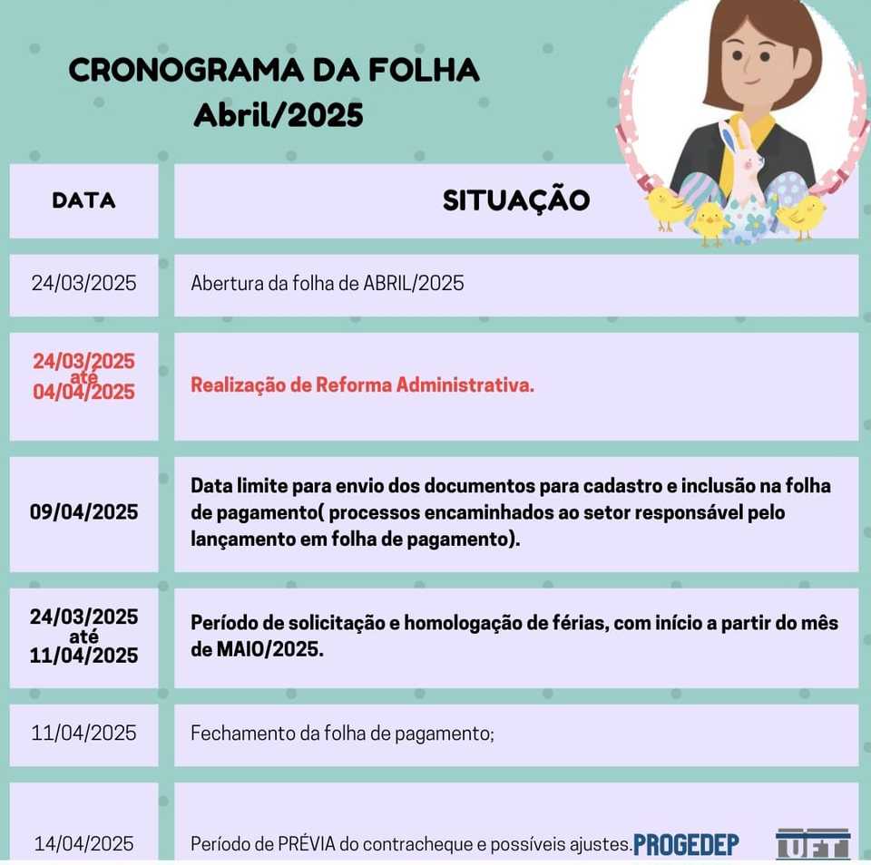 Cronograma da Folha de Pagamento do mês de abril 