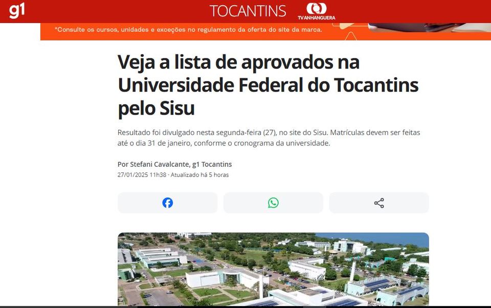 Veja a lista de aprovados na Universidade Federal do Tocantins pelo Sisu