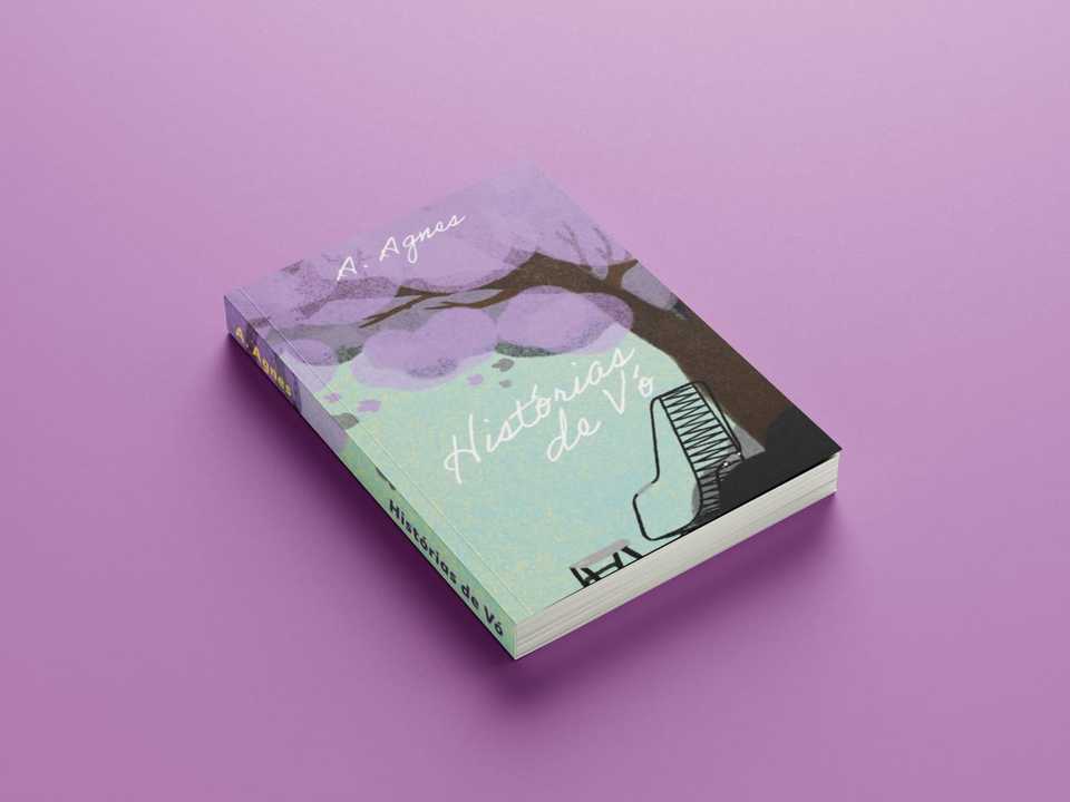 Capa do livro tem uma pintura com com árvore e uma cadeira de balanço