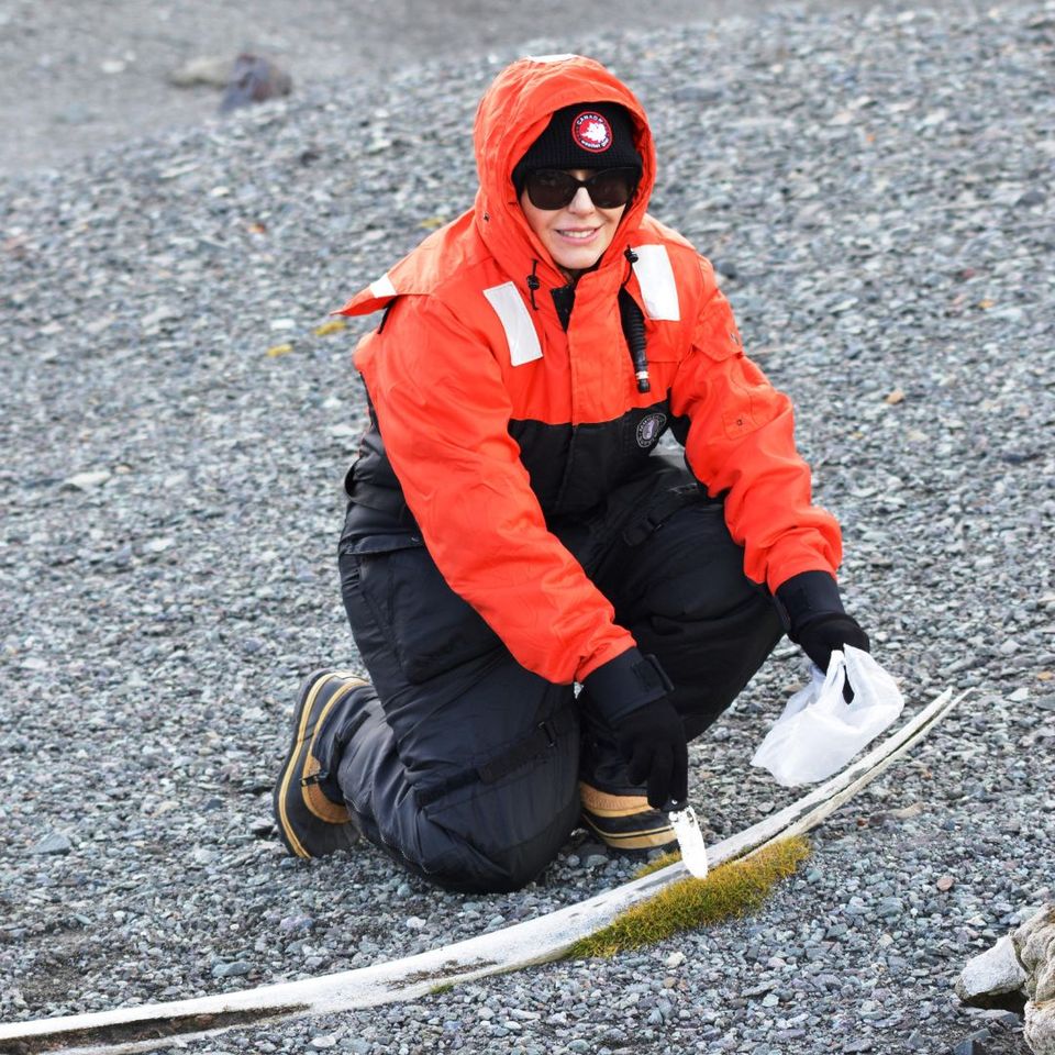 Dra Juliana Fonseca durante trabalho de coleta na Antártica, para o projeto MycoAntar (Foto: Raphael Pimenta/arquivo pessoal)