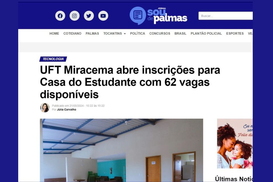 Foto do portal com a notícia sobre as vagas abertas para a Casa do Estudante de Miracema