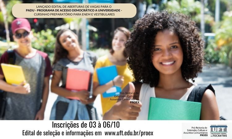 Programa de Acesso Democrático à Universidade e Acompanhamento Pedagógico lança edital de seleção de estudantes (Arte: Divulgação/UFT)