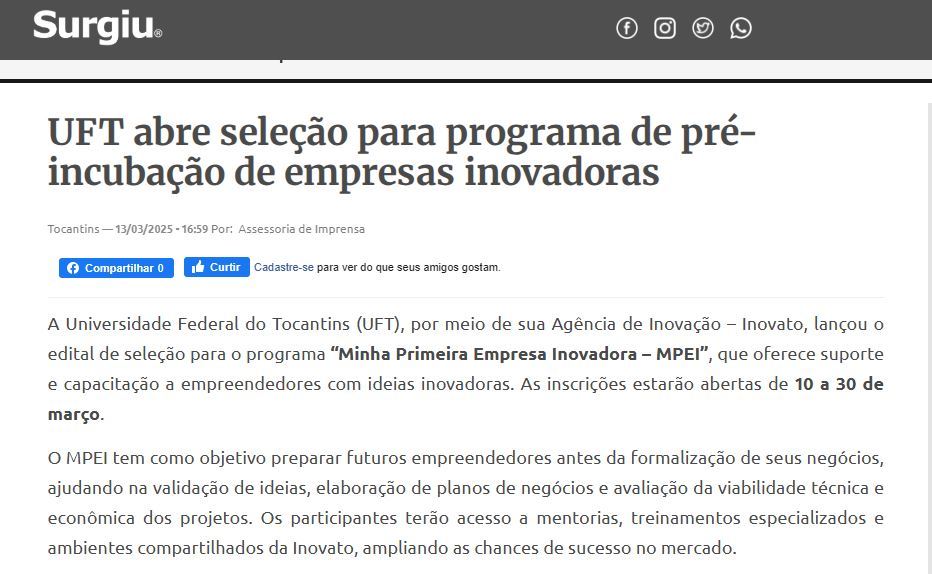 UFT abre seleção para programas de pré-incubação de empresas inovadoras
