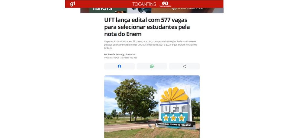 Foto que mostra ávores e o nome da UFT