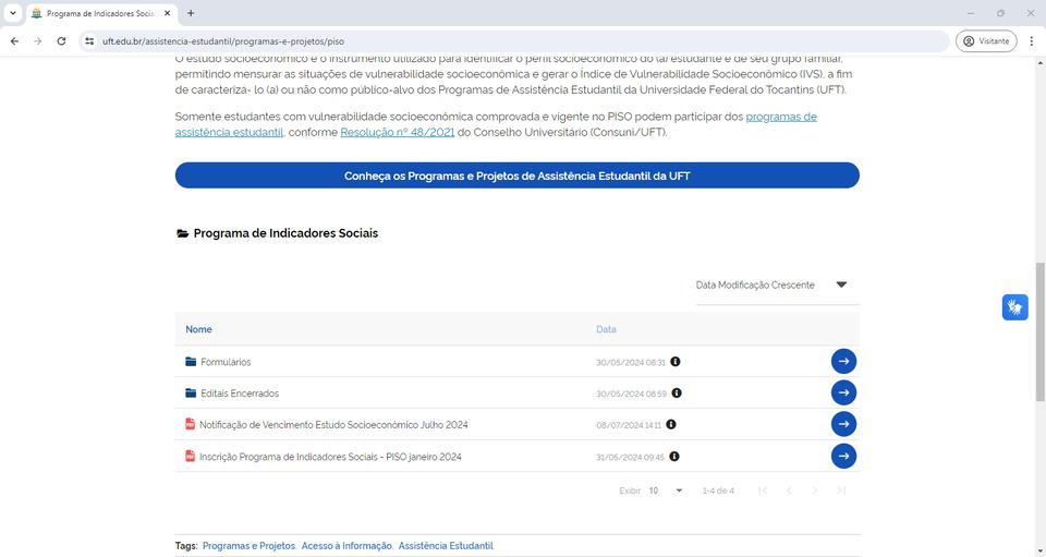 Captura de tela da página do Programa de Indicadores Sociais (Piso) no Portal UFT