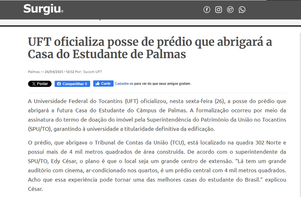 UFT oficializa posse de prédio que abrigará a Casa do Estudante em Palmas